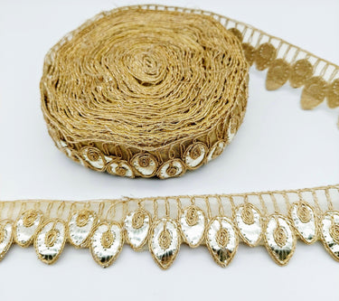 9 Yards Sheer Gold Tissue Fabric Scalloped Lace Trim with Indian Gold Foil Work Gota Patti Sari Border